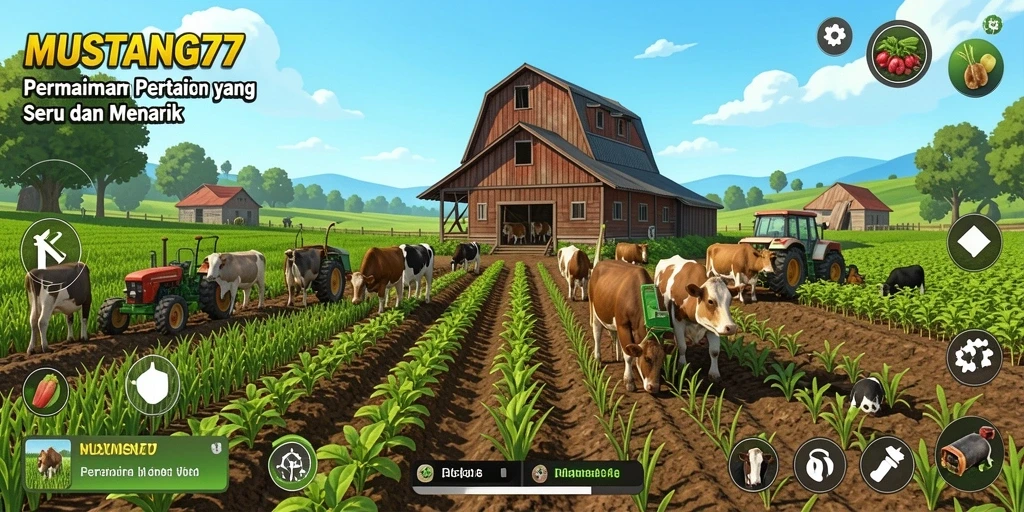 Tangkapan layar gameplay MUSTANG77 yang menampilkan suasana pertanian yang menakjubkan.